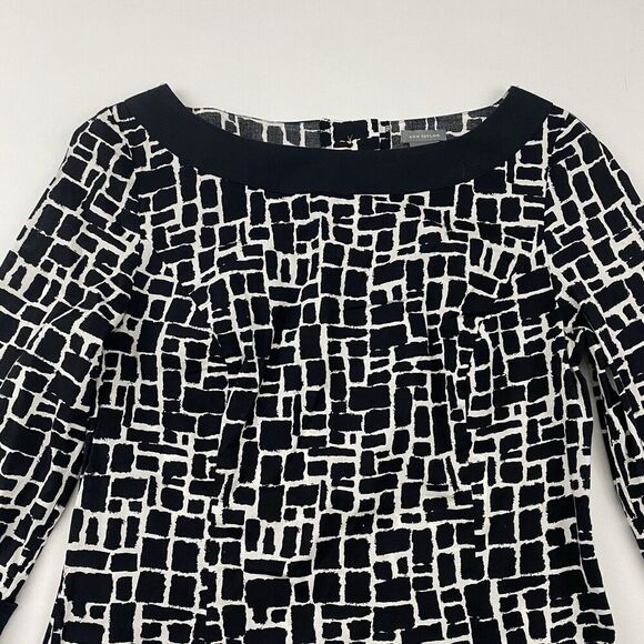 Ann Taylor Black White Geometric Print Blouse Boat Neck Side Zip Back Buttons 4 - Picture 6 of 12
